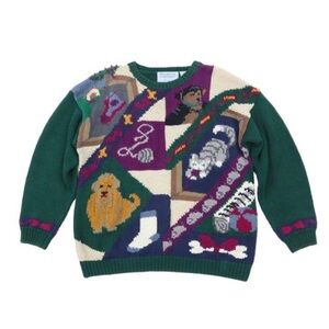 Vintage Northern Isles 1X Hand Knit Cat Dog Patchwork Shoulder Pad Green Sweater